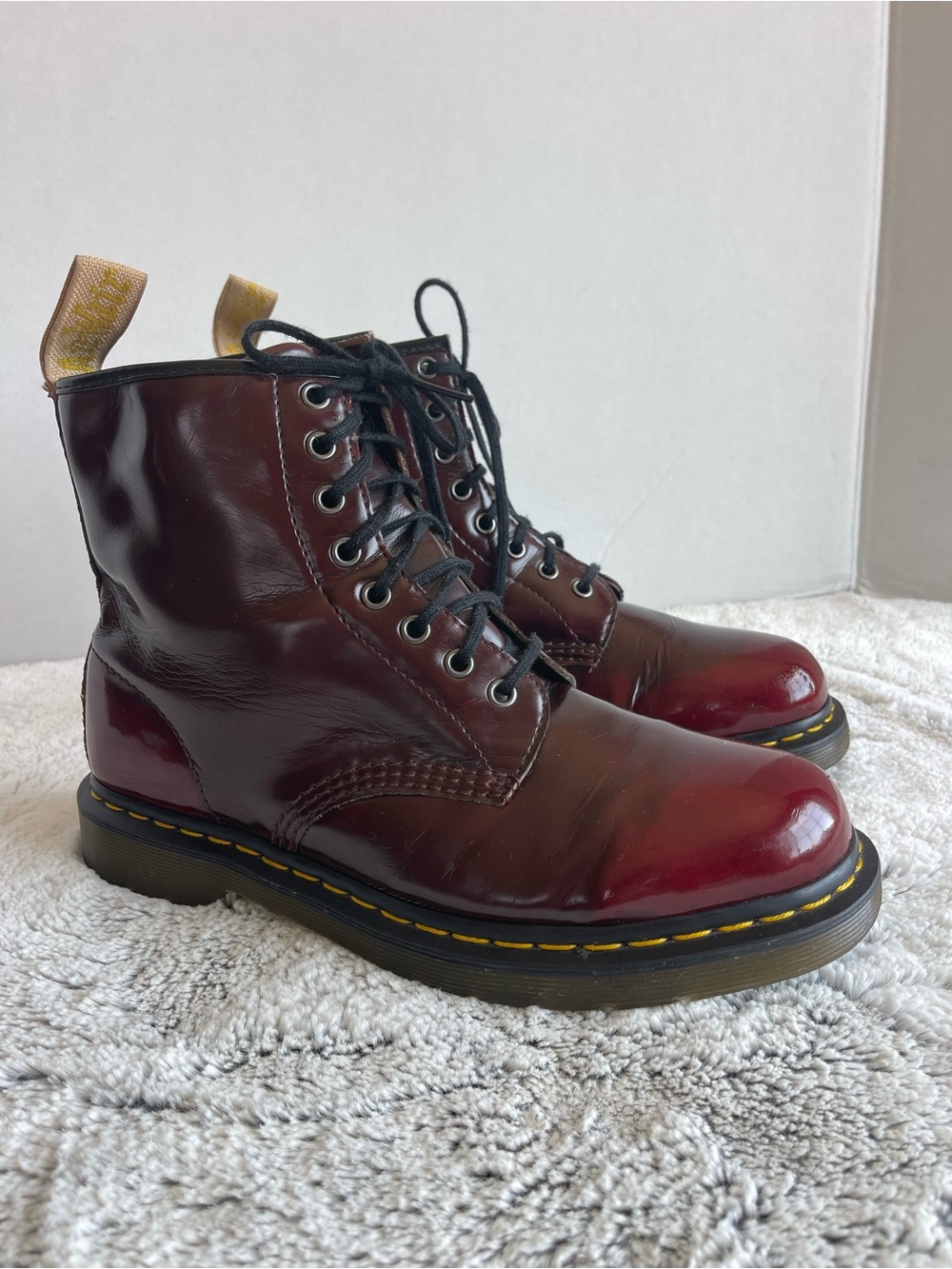Dr. Martens Womens Vegan 1460 Lace Up Cherry Red OXFORD RUB OFF Boots Shoes